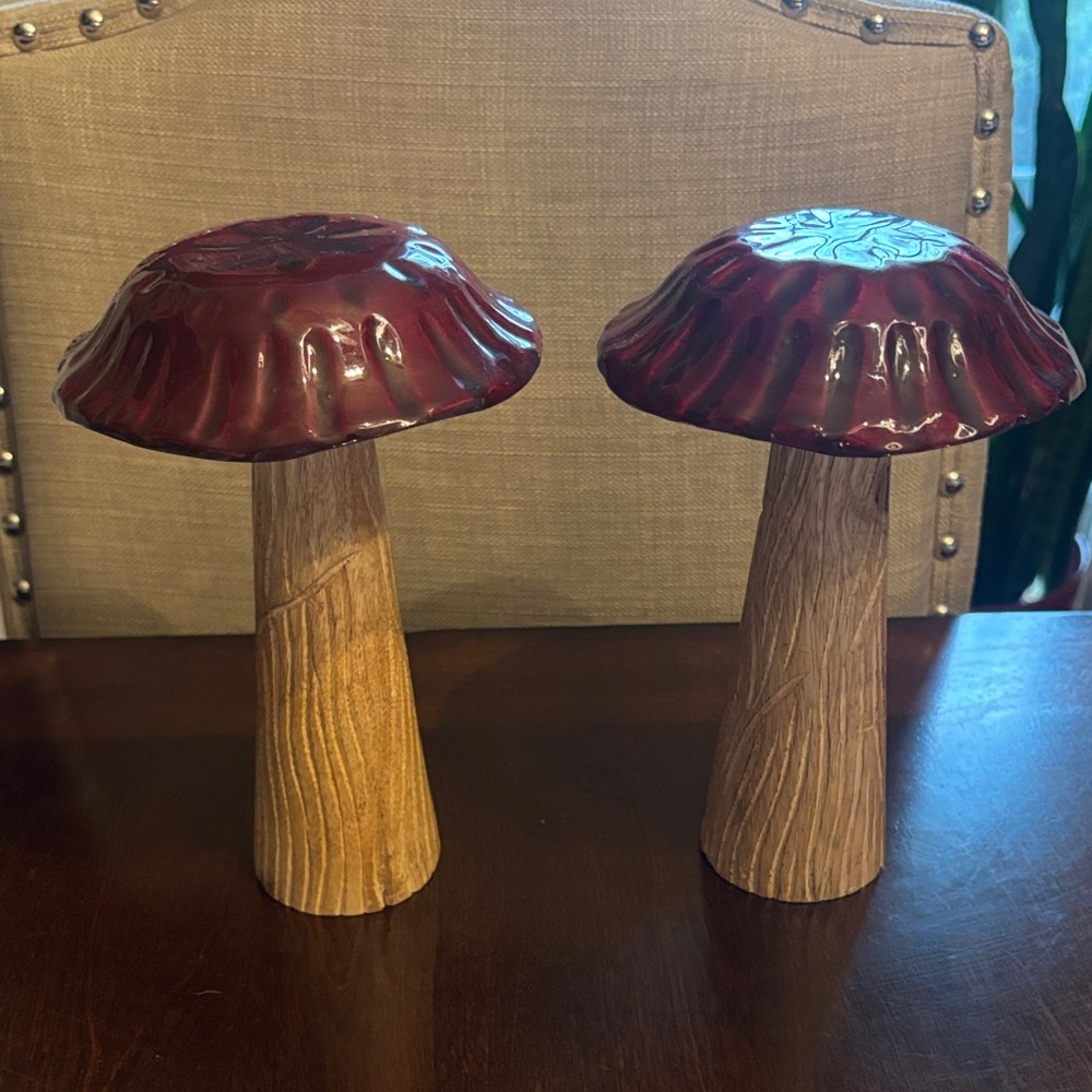 Set of 2 Decorative Mushroom Sculptures - Red Caps, Wood-Style Stems